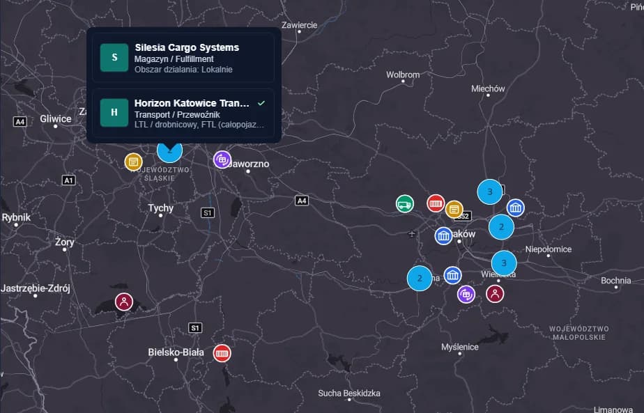 Podglad mapy firm CargoHire z zaznaczonymi lokalizacjami